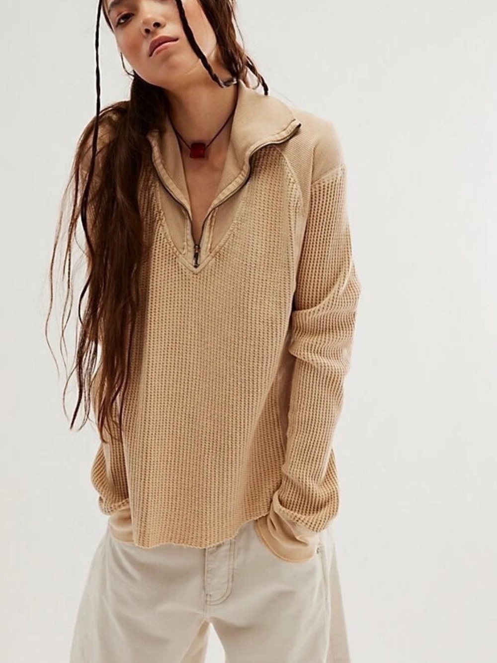 Free People FP One Ashton Zip Thermal Long Sleeve Relaxed Ribbed Top M